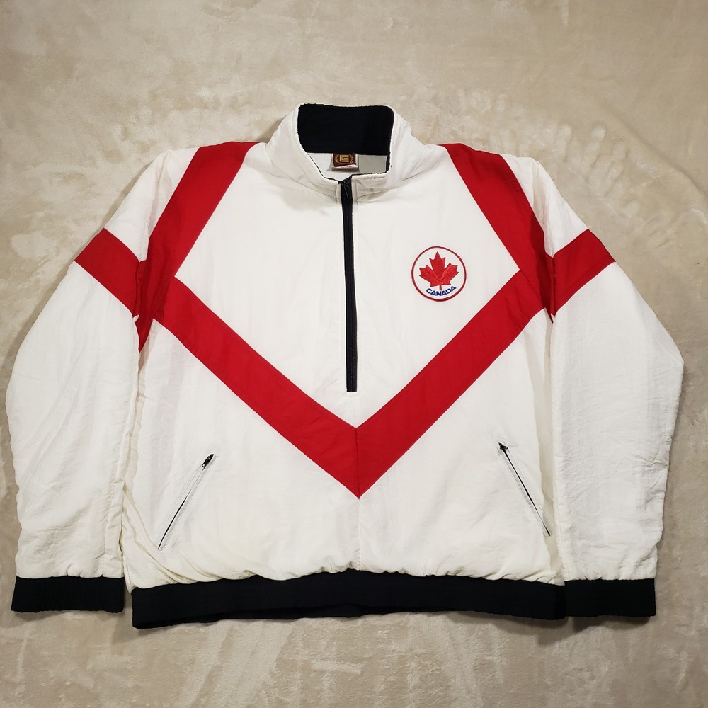 Vintage Canada National Team Windbreaker Jacket Men Medium White Red Quarter Zip